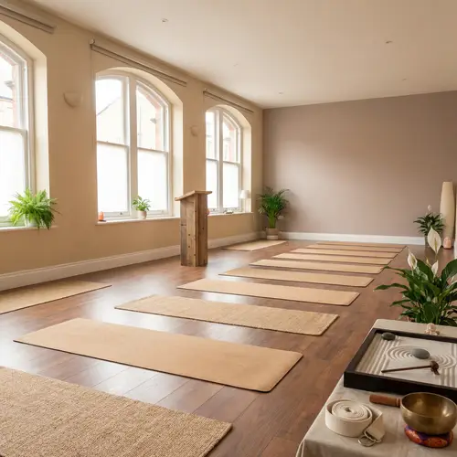 Serene Yoga Studio Interior | Natural Lighting & Earthy Colors