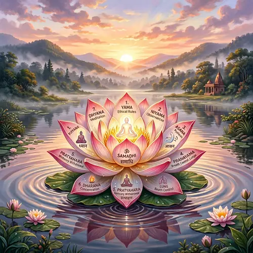 The 8 Limbs of Yoga in a Blooming Lotus: Serene & Tranquil Scene
