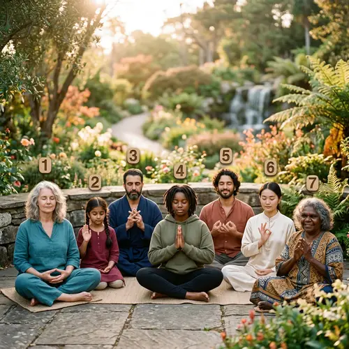 7 Diverse Individuals Practicing Calming Mudras for Positive Energy