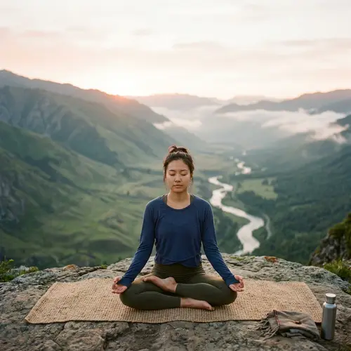 Asian Woman Performing Lotus Pose at Sunrise on Mountaintop