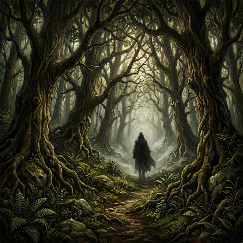 Enigmatic Figure Vanishing into Mist - Fantasy Forest Painting Enigmatic Figure Vanishing into Mist - Fantasy Forest Painting