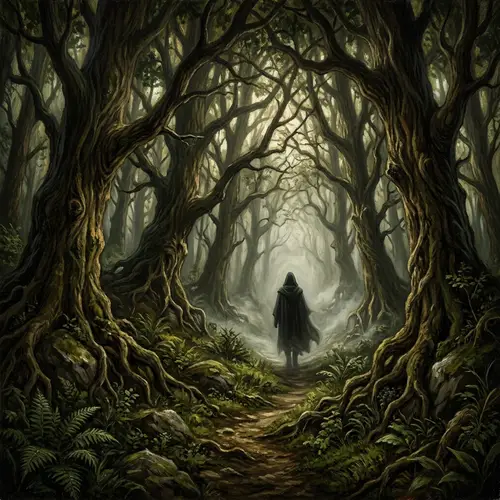 Enigmatic Figure in Shadowy Forest Painted with Gustave Doré Inspiration