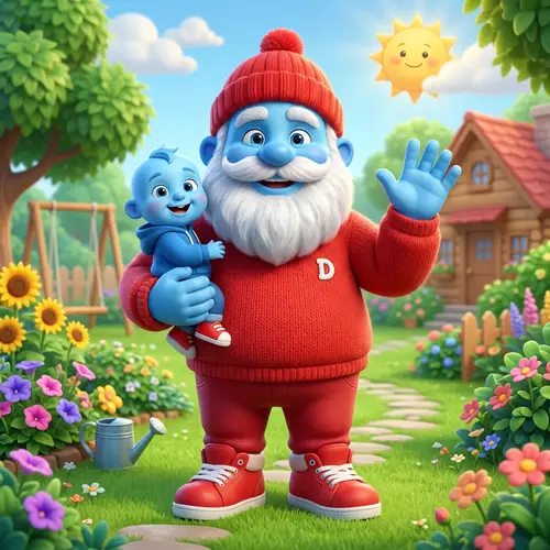 Cute Blue Dad Cartoon Character with Red Hat and Beard