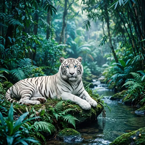Enchanting White Bengal Tiger in Mysterious Blue and Green Setting