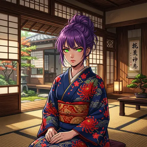 Anime Character with Neon Green Eyes and Purple Hair in Blue Kimono