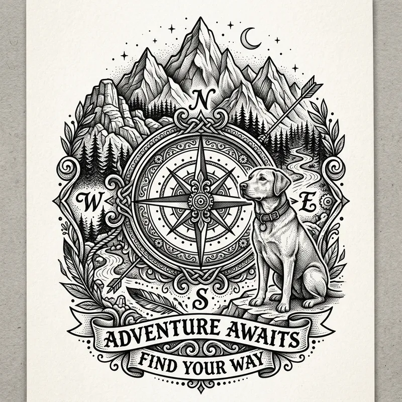 Intricate Compass Tattoo with Mountain and Dog Details Intricate Compass Tattoo with Mountain and Dog Details