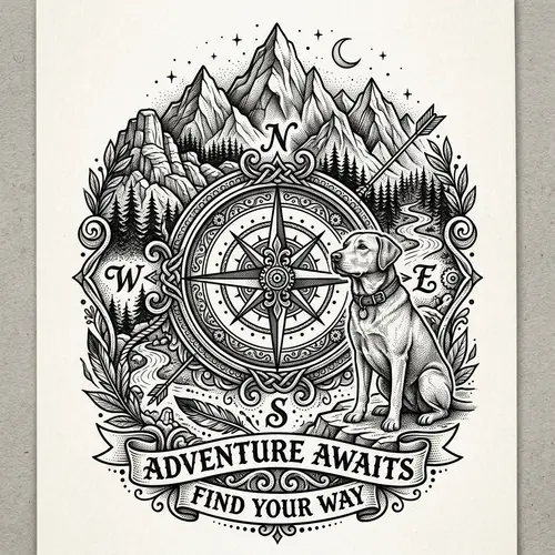 Detailed Compass Tattoo Design with Mountain and Dog Elements