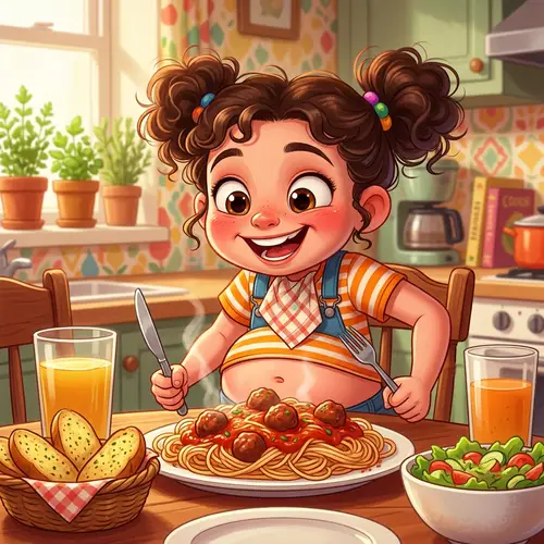 Excited Girl Ready to Enjoy Large Meal - Fun Cartoon Character