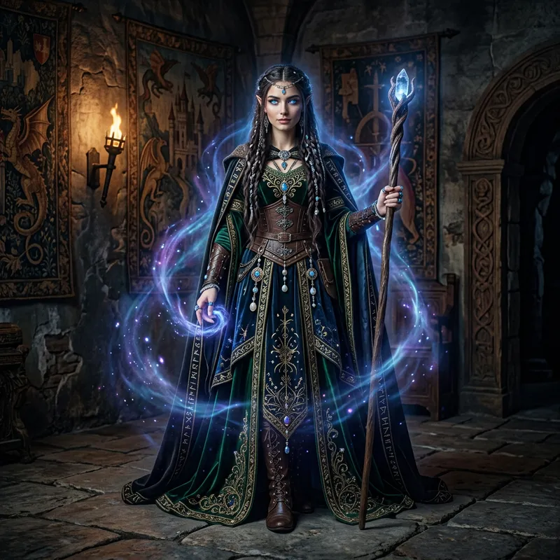 Enigmatic Semi-Elf Sorceress in Delicate Medieval Attire