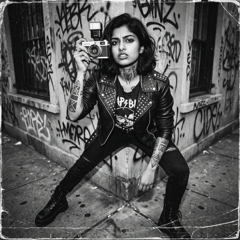 Edgy South Asian Tattooed Woman in Black and White Photo