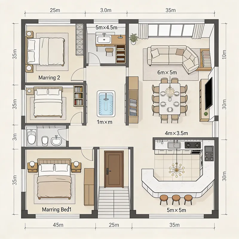 Modern Home Layout: 3 Bedrooms, Living, and Dining Areas