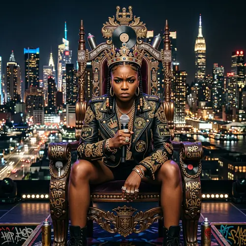 Regal Queen of Rap on Throne with Microphone in City Scene