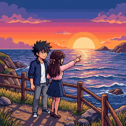 Anime Couple at Sunset - 16-Bit Pixel Art