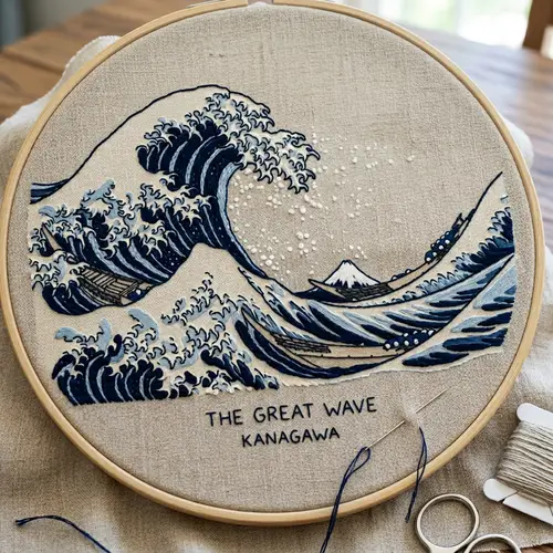 Minimalist Embroidery of The Great Wave off Kanagawa