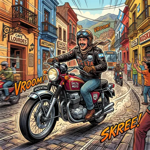 Argentinean Man on Vintage Motorcycle in Colorful Salta Streets
