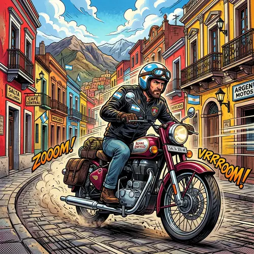 Colorful Illustration of Argentinean Motorcyclist in Salta Streets