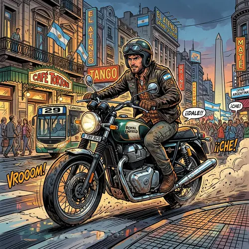 Argentinean Motorcyclist Riding Royal Enfield in Vibrant City