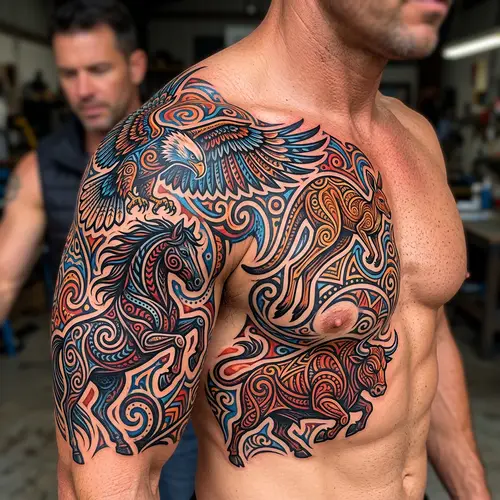 Intricate Tribal Tattoo Design with Kangaroo, Horse, Eagle & Bull