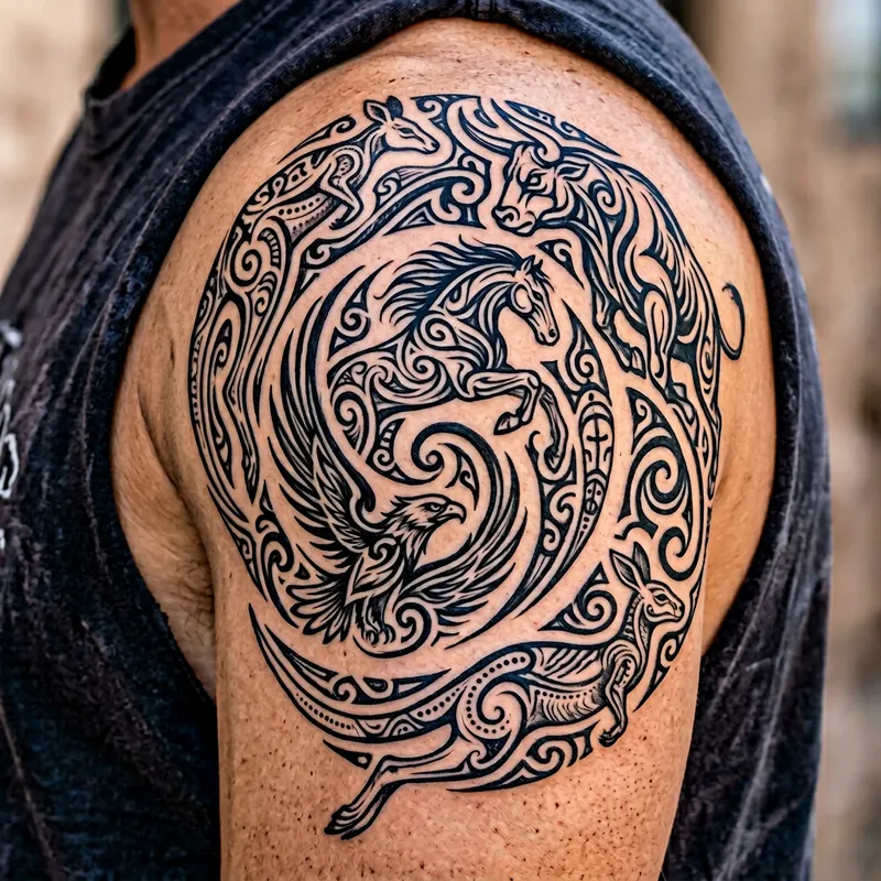 Spiral Tribal Tattoo Design with Horse, Bull, Eagle & Kangaroo