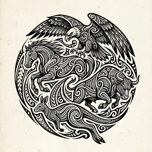 Black and White Tribal Tattoo Illustration | Dynamic Animal Composition