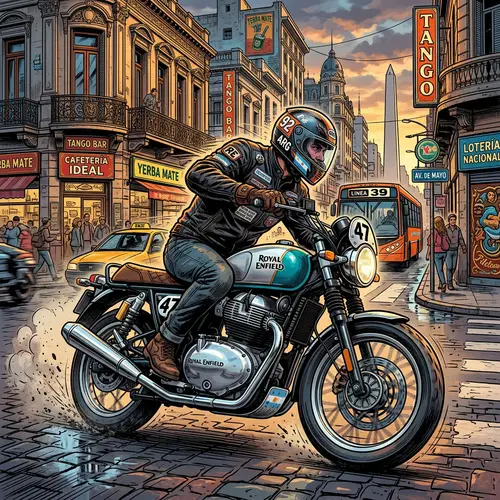 Thrilling Action: Motorcyclist Riding Royal Enfield in Vibrant Comic Book Style