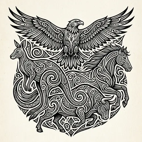 Intricate Tribal Tattoo Art with Kangaroo, Horse, Eagle & Bull