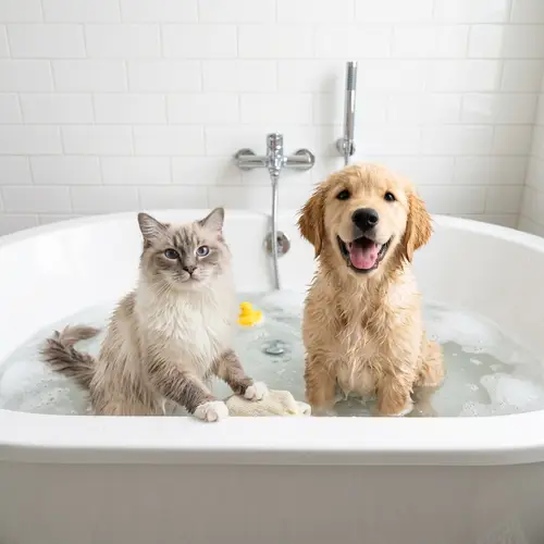 Happy Fluffy Cat and Dog in Bathtub on White Background