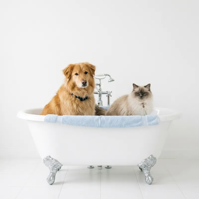 Fluffy Cat and Dog in Bathtub, Hyper Realism