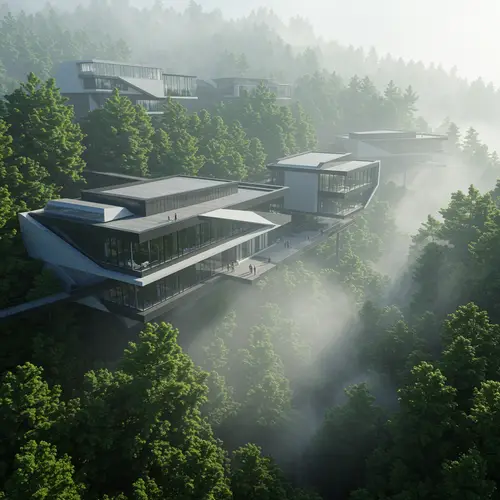 Modern Architecture in a Misty Forest Setting