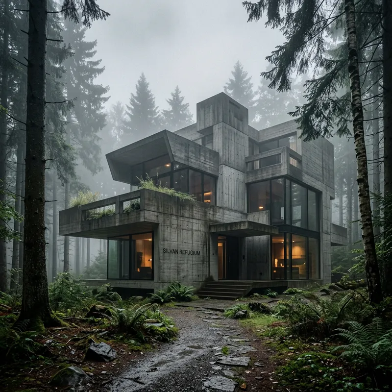 Modern Architecture in a Misty Forest Setting