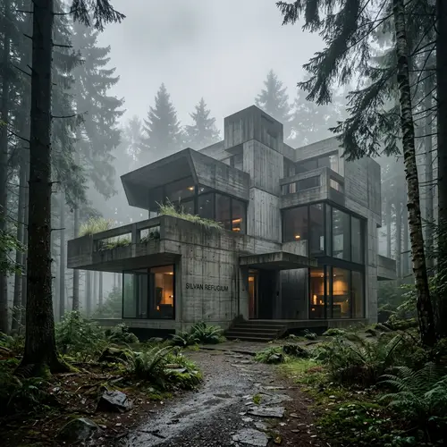 Modern Architecture in a Misty Forest Setting