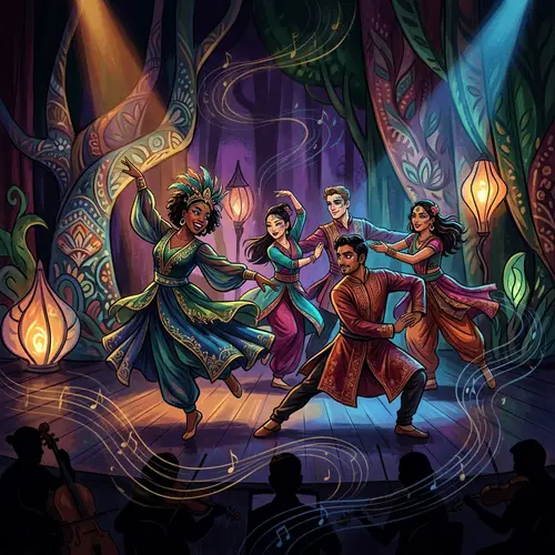 Vibrant Dance Illustration with Elaborate Costumes