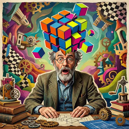Surrealist Illustration of a Puzzle Inventor with Vibrant Colors