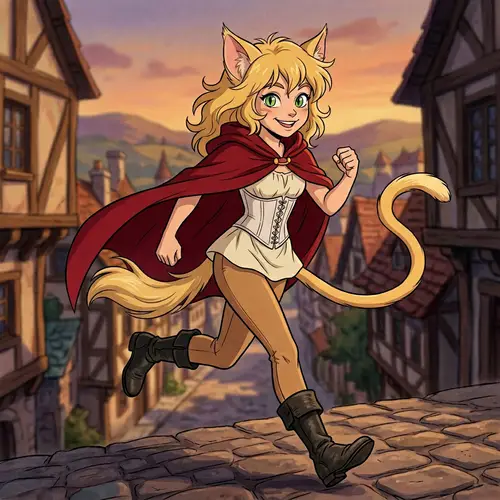 Energetic Cat-Girl Character in Classic Anime Style