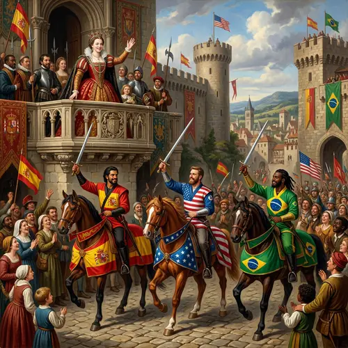 Renaissance Painting of Queen and Knights in Castle Balcony