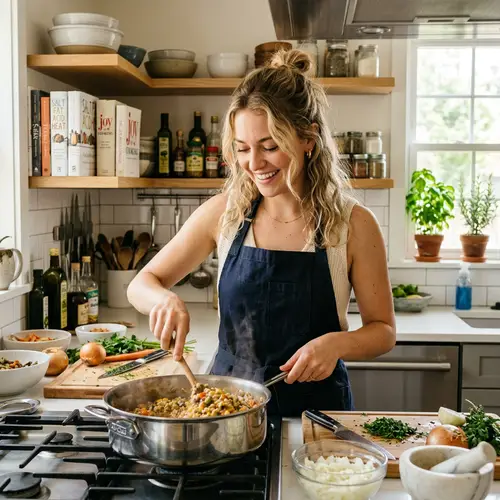 Blonde Caucasian Woman Cooking with Focus and Joy