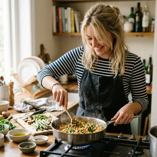 Content-Looking Blonde Woman Immersed in Cooking
