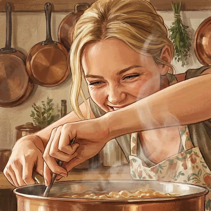 Happy Blonde Woman Cooking: Focused and Joyful