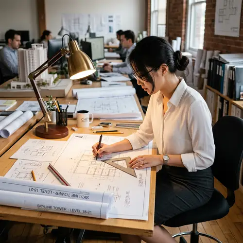 Asian Female Architect Working at Drafting Table | Professional Attire