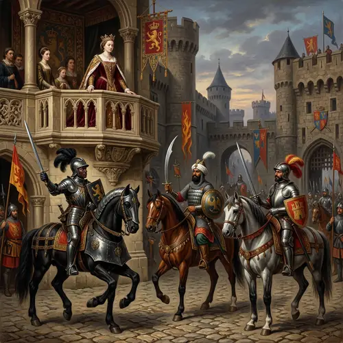 Renaissance Painting of a Queen and Three Knights in Castle Setting
