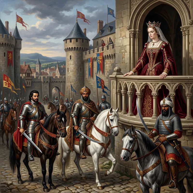 Beautiful Renaissance Painting of Queen, Knights and Castle