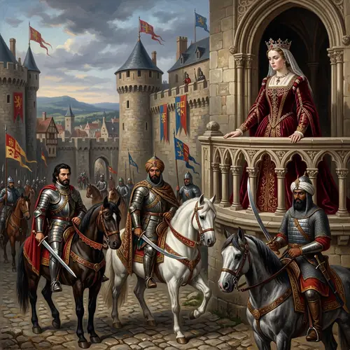 Renaissance Painting of Queen and Knights in Castle Scene