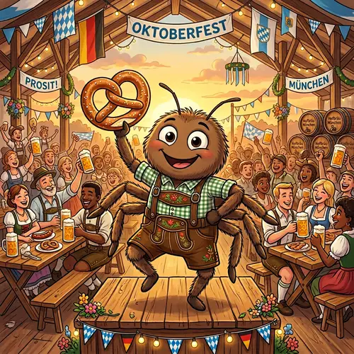 Friendly Cartoon Spider at Oktoberfest with Pretzel and Lederhosen