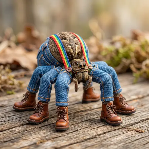 Quirky Spider Fashion: Blue Jeans, Colorful Braces & Mini Boots