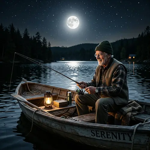 Happy Elderly Man Fishing at Night on a Boat