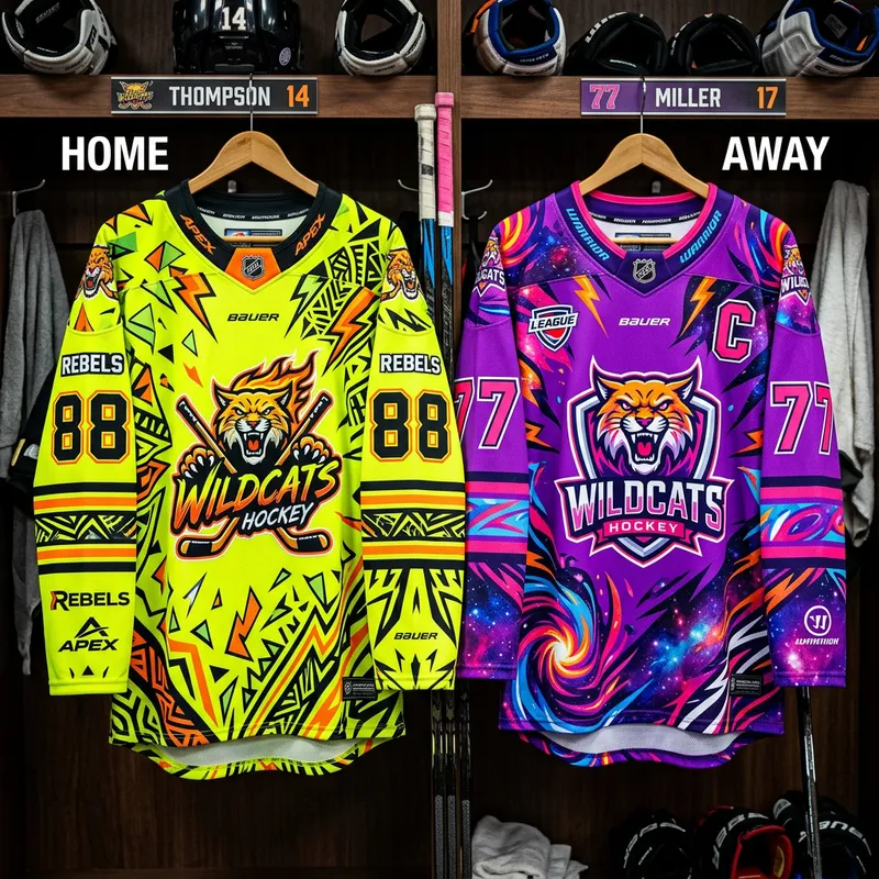 Distinct Neon Yellow & Bright Purple Home and Away Ice Hockey Jerseys