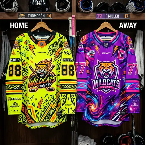 Distinct Neon Yellow & Bright Purple Ice Hockey Jerseys
