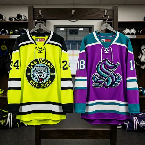 Distinct Neon Yellow and Bright Purple Ice Hockey Jerseys