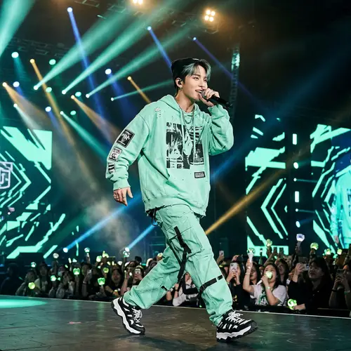 Handsome Korean Idol in Mint Green Hip-hop Performance Outfit