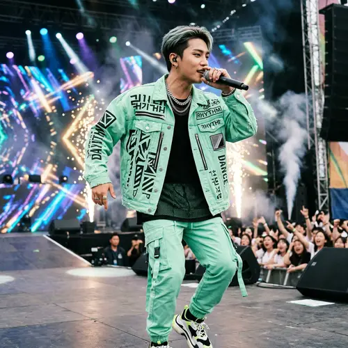 Handsome Korean Idol in Mint Green Hiphop Performance Outfit